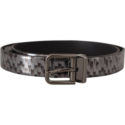 Dolce & Gabbana Gray Herringbone Leather Gray 3D Metal Buckle Belt Dolce & Gabbana
