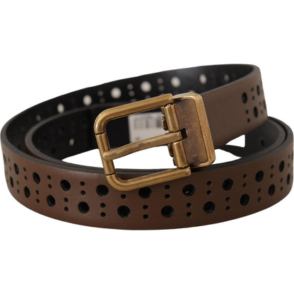 Dolce & Gabbana Brown Leather Perforated Crown Belt Dolce & Gabbana