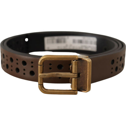 Dolce & Gabbana Brown Leather Perforated Crown Belt Dolce & Gabbana