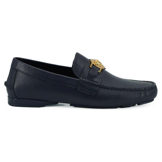Versace Navy Blue Calf Leather Loafers Shoes Versace