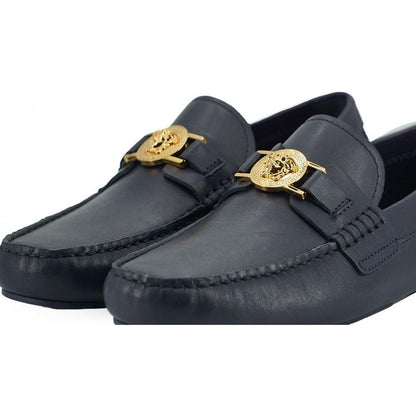 Versace Navy Blue Calf Leather Loafers Shoes Versace