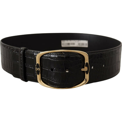 Dolce & Gabbana Black Crocodile Print Gold Metal DG Logo Buckle Belt Dolce & Gabbana