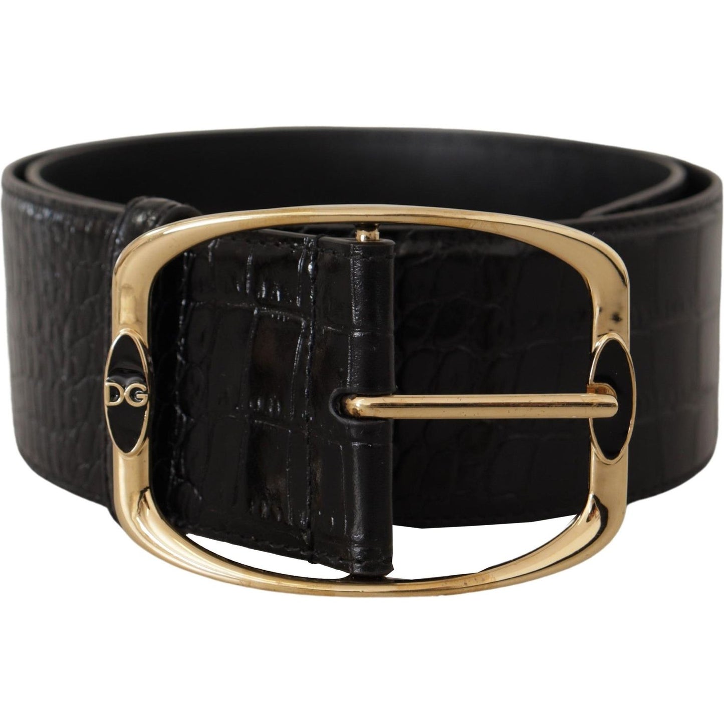 Dolce & Gabbana Black Crocodile Print Gold Metal DG Logo Buckle Belt Dolce & Gabbana