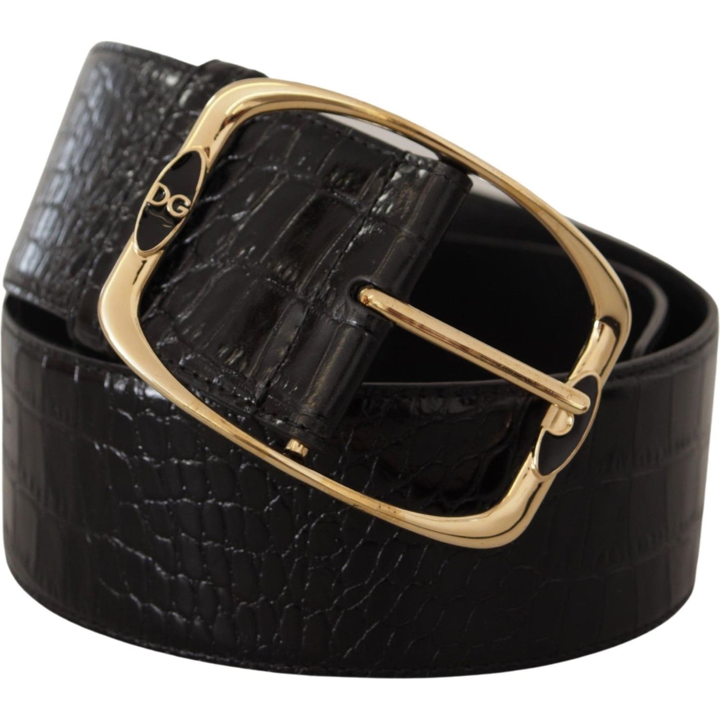Dolce & Gabbana Black Crocodile Print Gold Metal DG Logo Buckle Belt Dolce & Gabbana