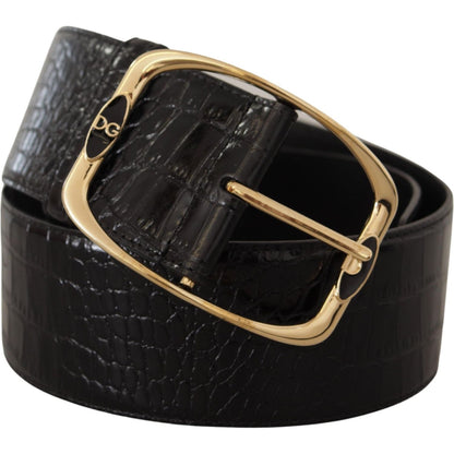 Dolce & Gabbana Black Crocodile Print Gold Metal DG Logo Buckle Belt Dolce & Gabbana