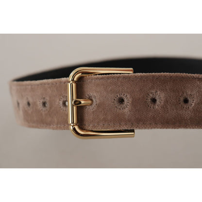 Dolce & Gabbana Light Brown Velvet Gold Tone Logo Metal Buckle Belt