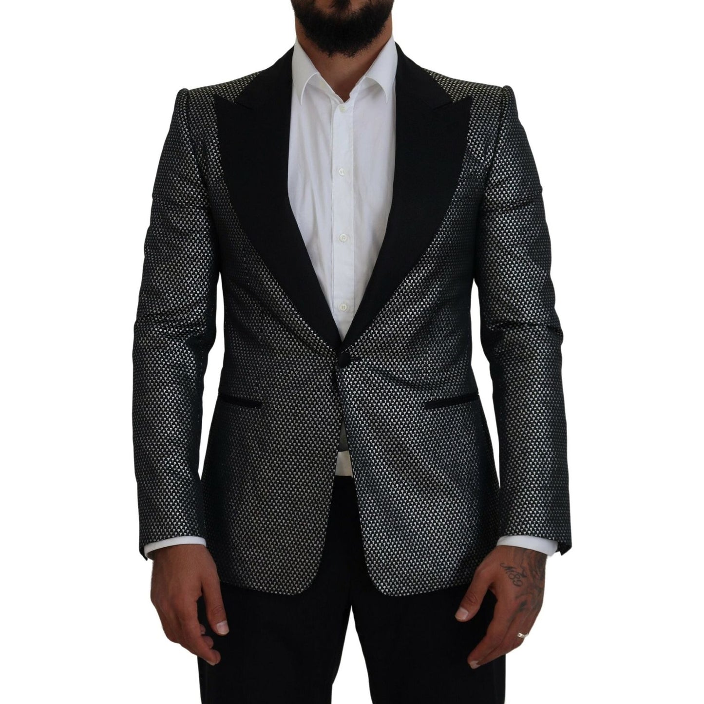 Dolce & Gabbana Black Silver Jacquard Slim Fit Jacket Blazer Dolce & Gabbana