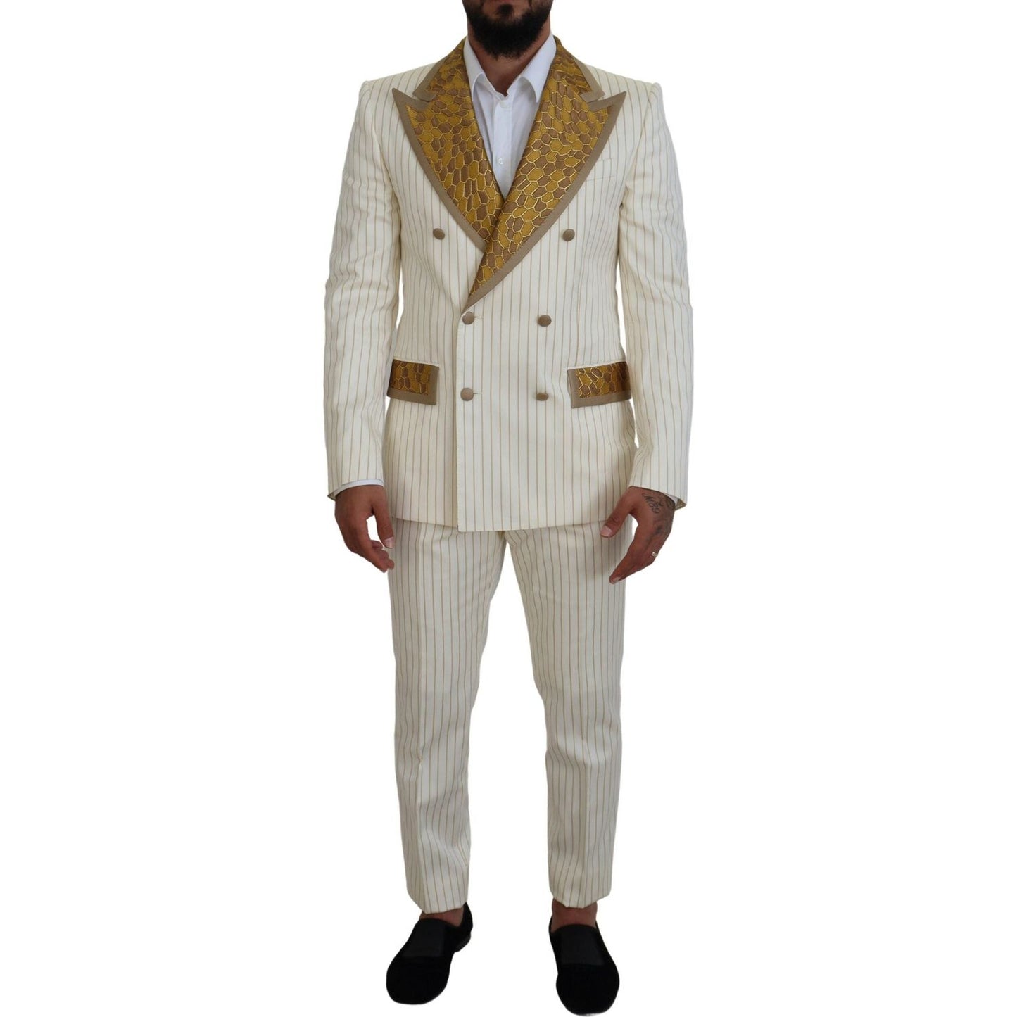 Dolce & Gabbana Off White Gold Striped Tuxedo Slim Fit Suit Dolce & Gabbana