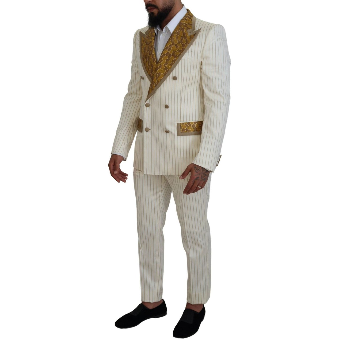 Dolce & Gabbana Off White Gold Striped Tuxedo Slim Fit Suit Dolce & Gabbana