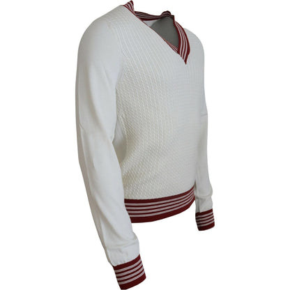 Dolce & Gabbana White Red Knitted V-neck Pullover Sweater Dolce & Gabbana