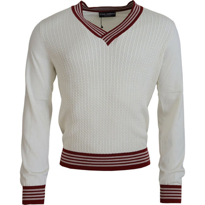 Dolce & Gabbana White Red Knitted V-neck Pullover Sweater Dolce & Gabbana