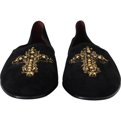 Dolce & Gabbana Black Suede Gold Cross Slip On Loafers Shoes Dolce & Gabbana
