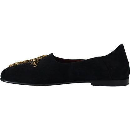 Dolce & Gabbana Black Suede Gold Cross Slip On Loafers Shoes Dolce & Gabbana