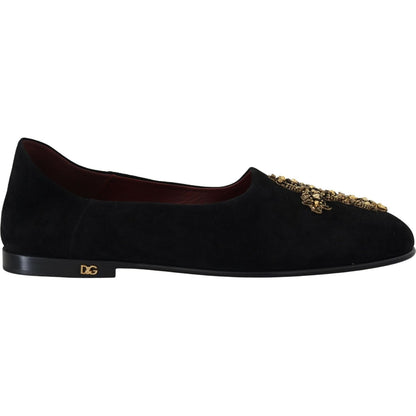 Dolce & Gabbana Black Suede Gold Cross Slip On Loafers Shoes Dolce & Gabbana