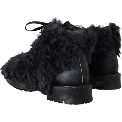 Dolce & Gabbana Black Leather Combat Shearling Boots Shoes Dolce & Gabbana