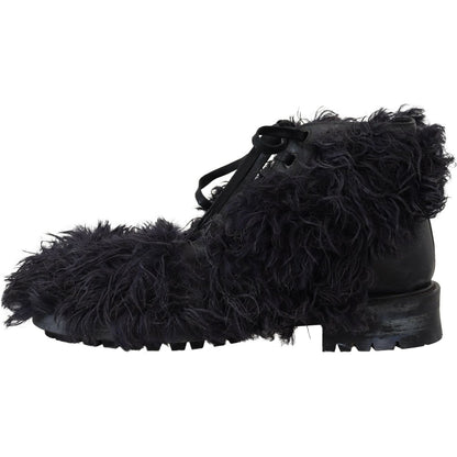Dolce & Gabbana Black Leather Combat Shearling Boots Shoes Dolce & Gabbana