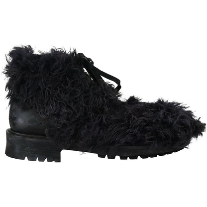 Dolce & Gabbana Black Leather Combat Shearling Boots Shoes Dolce & Gabbana