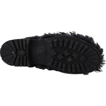 Dolce & Gabbana Black Leather Combat Shearling Boots Shoes Dolce & Gabbana