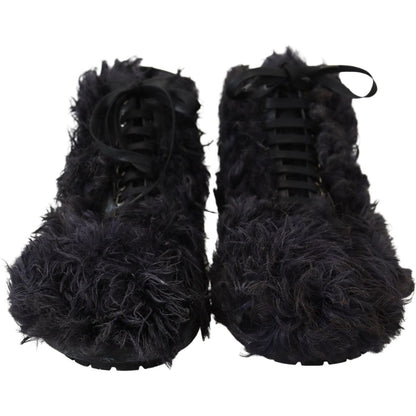 Dolce & Gabbana Black Leather Combat Shearling Boots Shoes Dolce & Gabbana