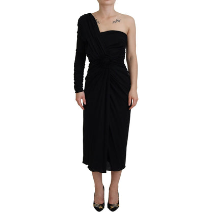 Dolce & Gabbana Black Wrap Sheath One Shoulder Wool Dress Dolce & Gabbana