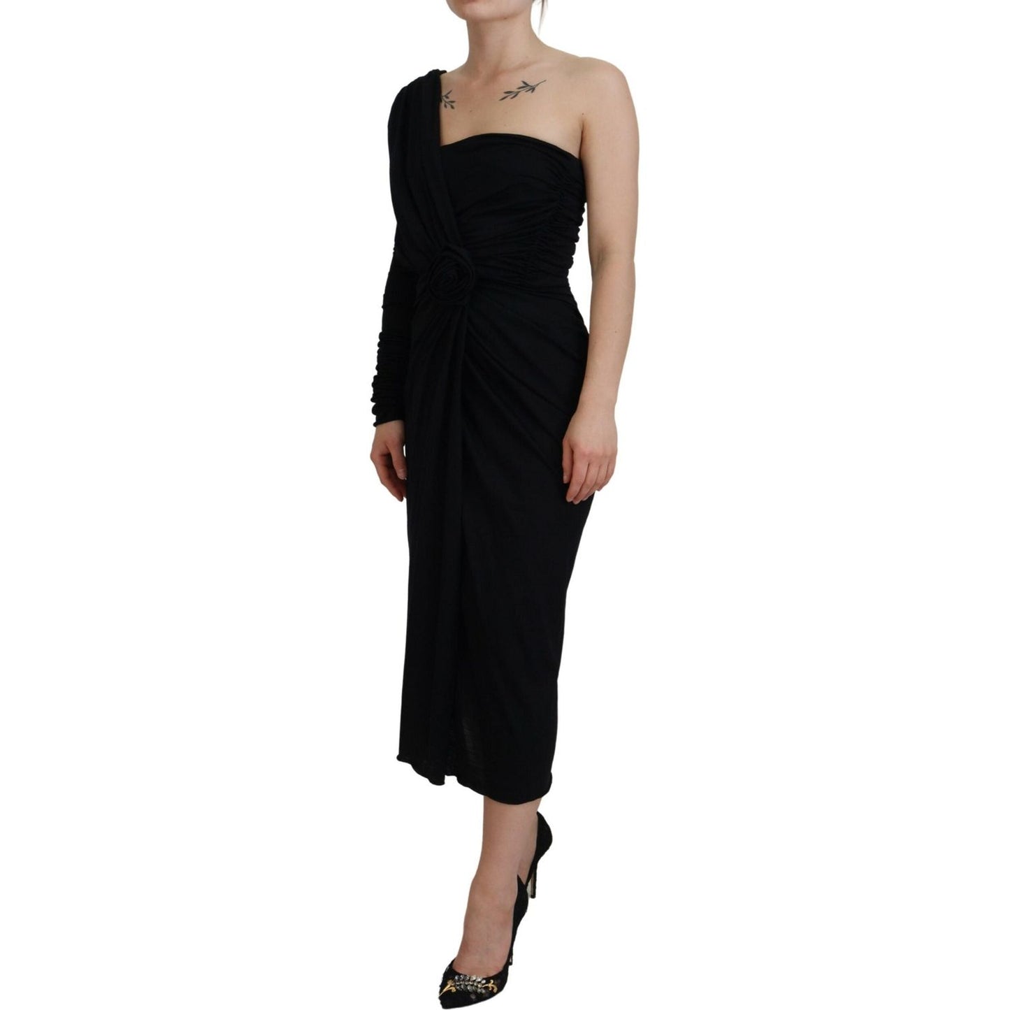 Dolce & Gabbana Black Wrap Sheath One Shoulder Wool Dress Dolce & Gabbana