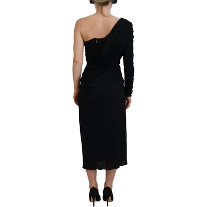 Dolce & Gabbana Black Wrap Sheath One Shoulder Wool Dress Dolce & Gabbana