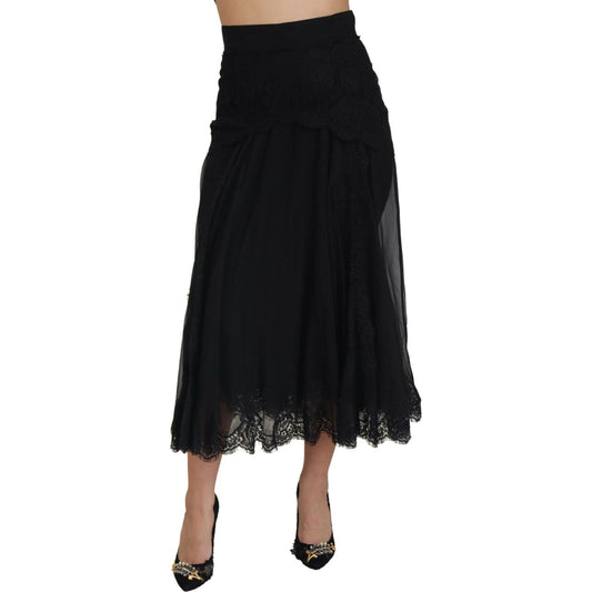 Dolce & Gabbana Black Silk Lace Trim High Waist Midi Skirt Dolce & Gabbana