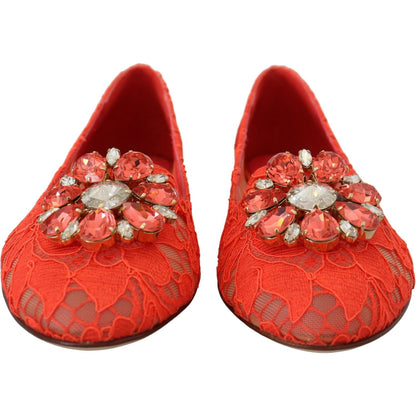 Dolce & Gabbana Red Taormina Lace Crystals Ballet Flats Shoes Dolce & Gabbana