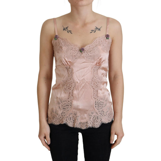 Dolce & Gabbana Pink Satin Lace Roses Tank Top Lingerie