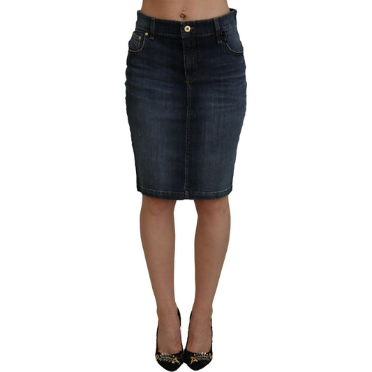 Fiorucci Dark Blue Washed Mid Waist Pencil Cut Denim Skirt Fiorucci