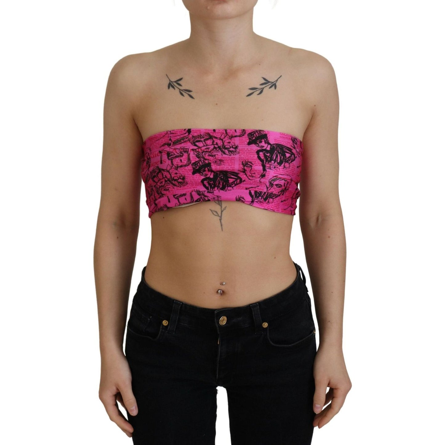 John Galliano Pink Newspaper Print Bra Cropped Blouse John Galliano