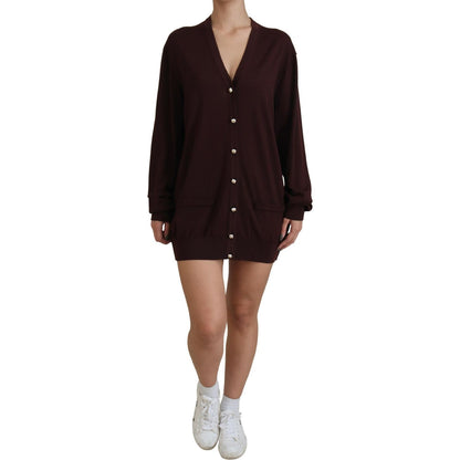 Dolce & Gabbana Maroon Wool Knit Deep V-neck Cardigan Sweater Dolce & Gabbana