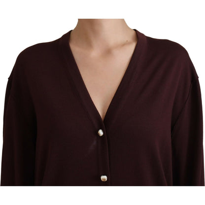 Dolce & Gabbana Maroon Wool Knit Deep V-neck Cardigan Sweater Dolce & Gabbana