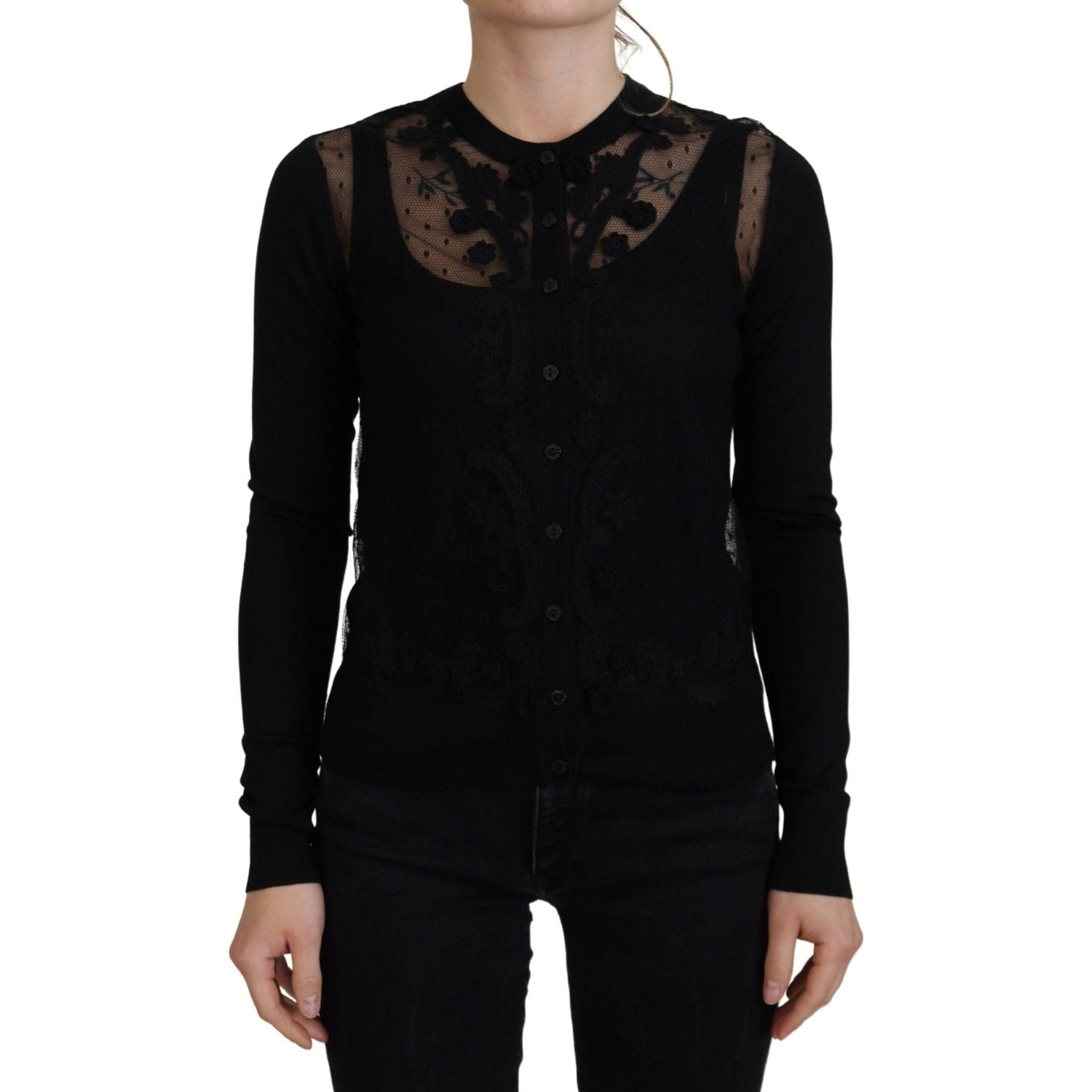 Dolce & Gabbana Black Floral Lace Button Cardigan Sweater