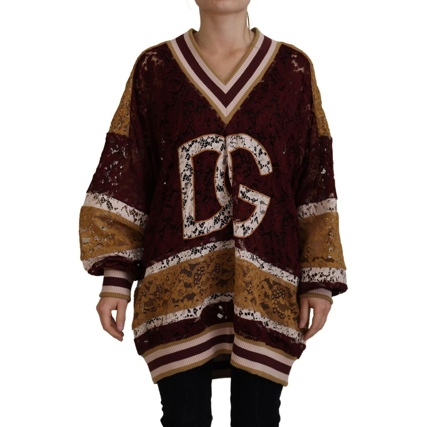 Dolce & Gabbana Multicolor Lace V-neck Pullover Sweater Dolce & Gabbana