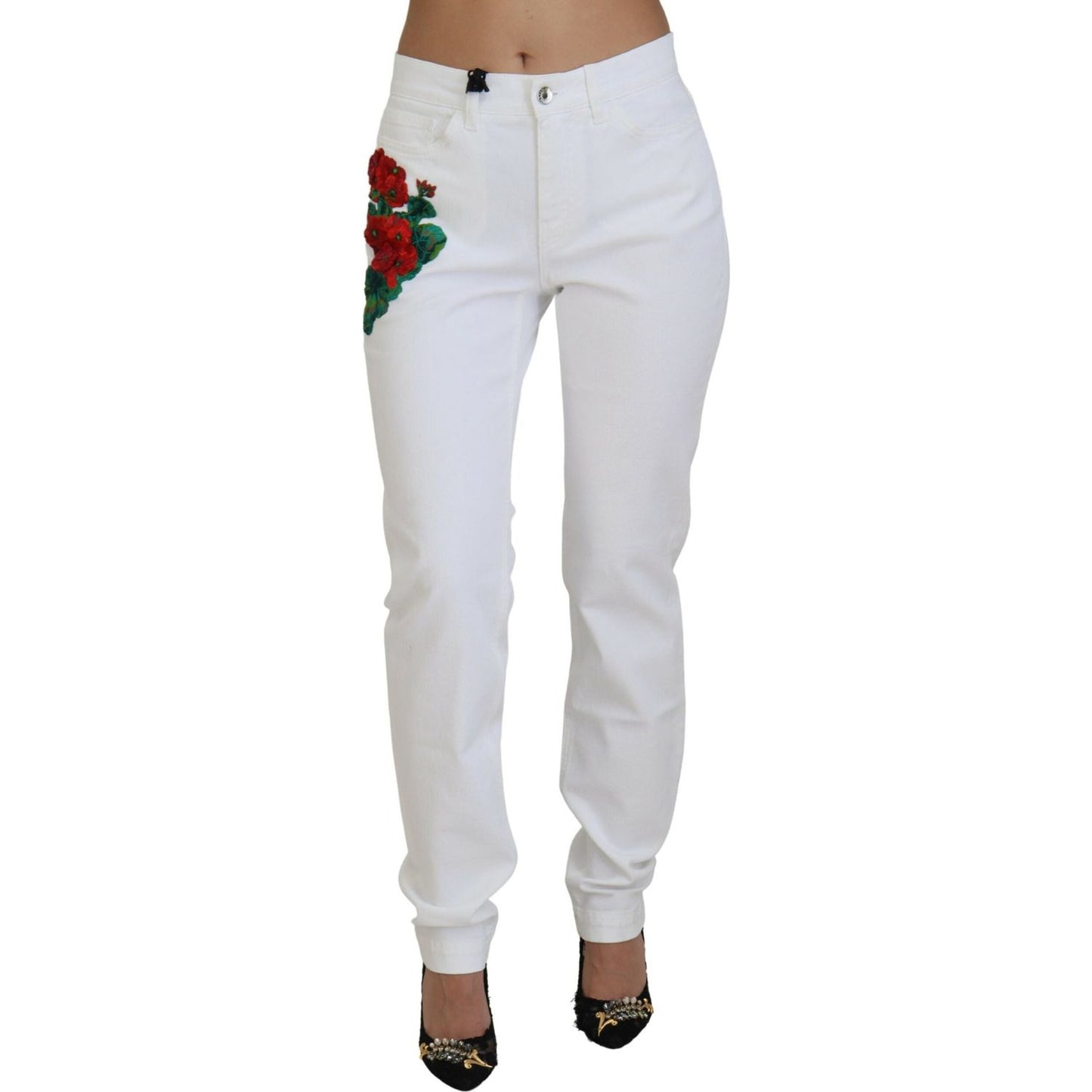 Dolce & Gabbana White Floral Embroidery Skinny Denim Jeans Dolce & Gabbana