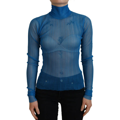 Dolce & Gabbana Blue Mesh Turtleneck Long Sleeve Blouse Top Dolce & Gabbana