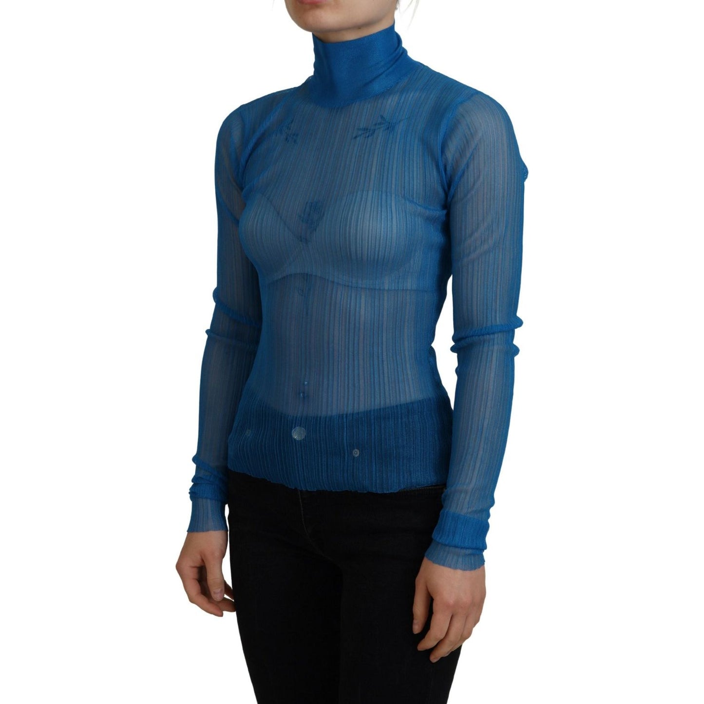 Dolce & Gabbana Blue Mesh Turtleneck Long Sleeve Blouse Top Dolce & Gabbana