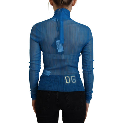 Dolce & Gabbana Blue Mesh Turtleneck Long Sleeve Blouse Top Dolce & Gabbana