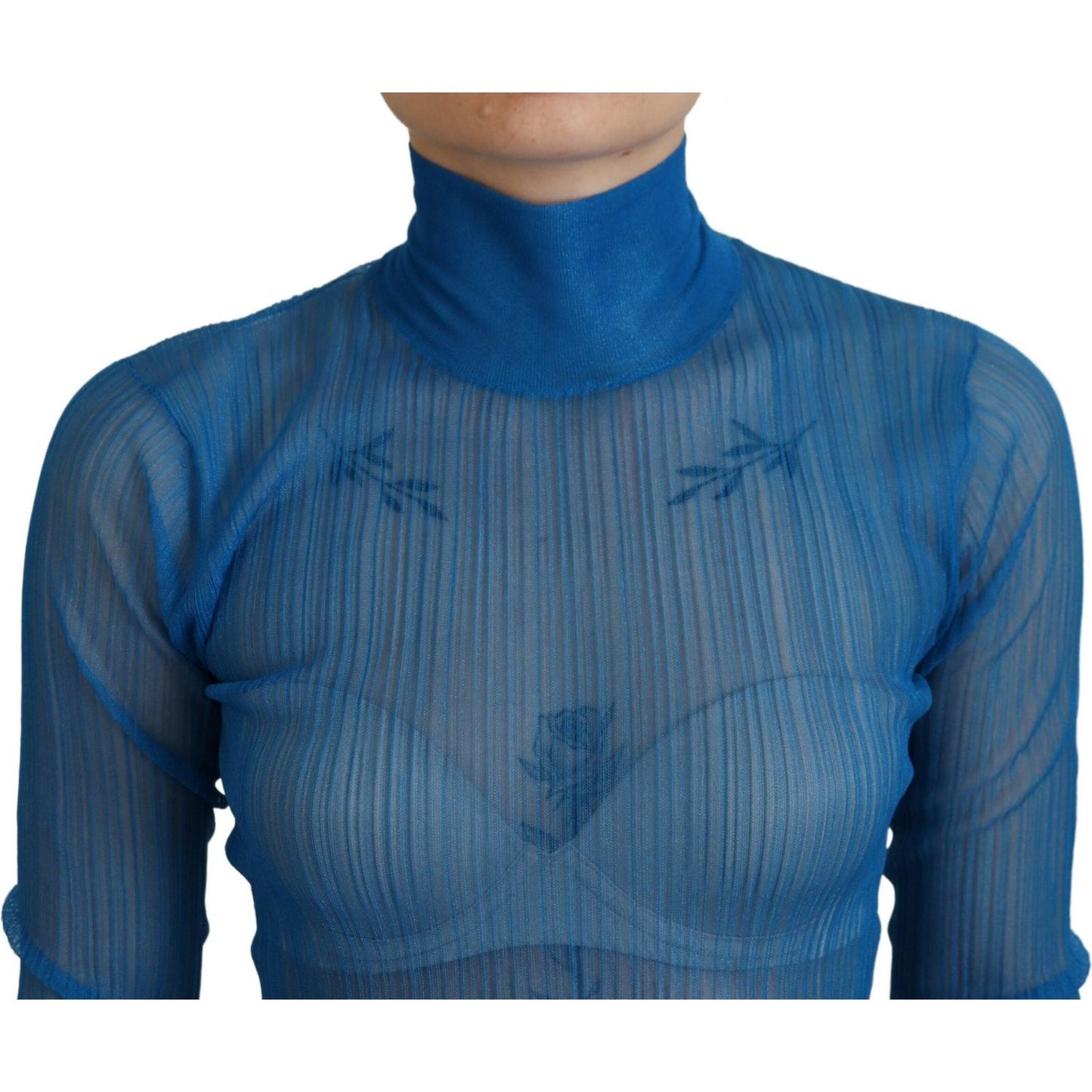Dolce & Gabbana Blue Mesh Turtleneck Long Sleeve Blouse Top Dolce & Gabbana