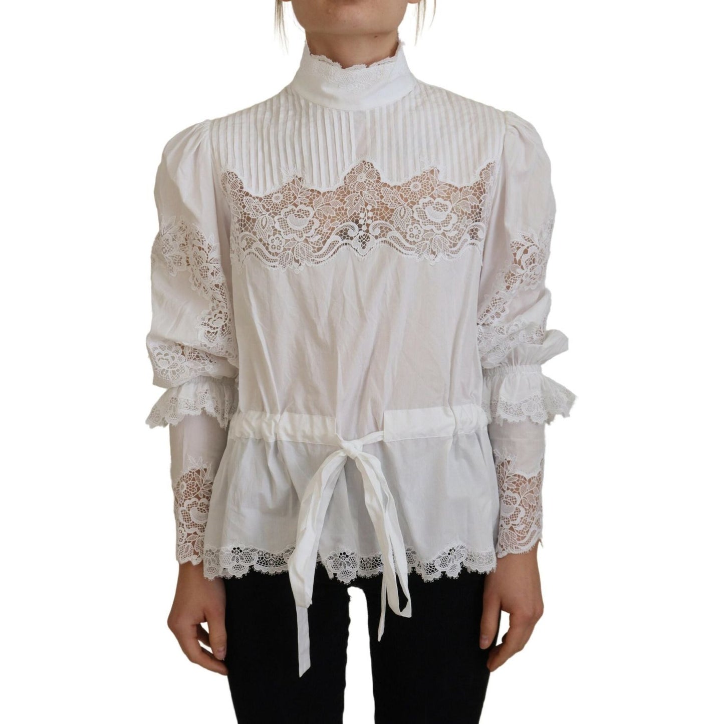 Dolce & Gabbana White Cotton Lace Trim Turtle Neck Blouse Top Dolce & Gabbana