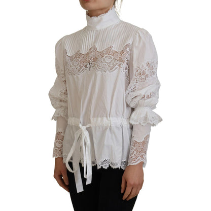 Dolce & Gabbana White Cotton Lace Trim Turtle Neck Blouse Top Dolce & Gabbana