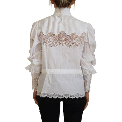 Dolce & Gabbana White Cotton Lace Trim Turtle Neck Blouse Top Dolce & Gabbana