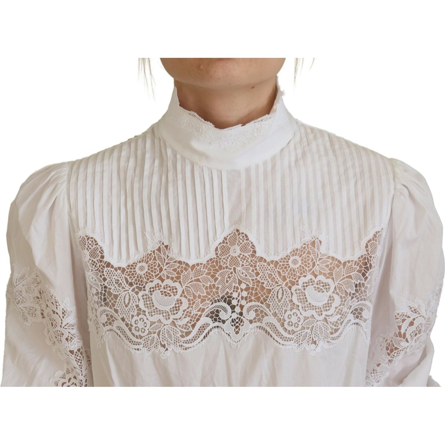 Dolce & Gabbana White Cotton Lace Trim Turtle Neck Blouse Top Dolce & Gabbana