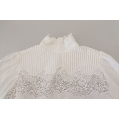Dolce & Gabbana White Cotton Lace Trim Turtle Neck Blouse Top Dolce & Gabbana