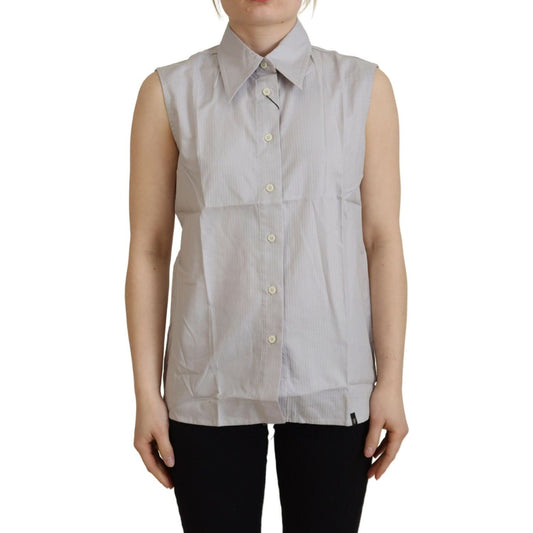 Ferre Light Gray Stripes Cotton Sleeveless Collared Top 1728,67345645728,Clothing,Ferre,Gray,IT40|S,Material: 100% Cotton,New with tags,Sleeveless - T-Shirts - Clothing,T-Shirts - Clothing,Tops & T-Shirts - Women - Clothing,Women,Women - Clothing