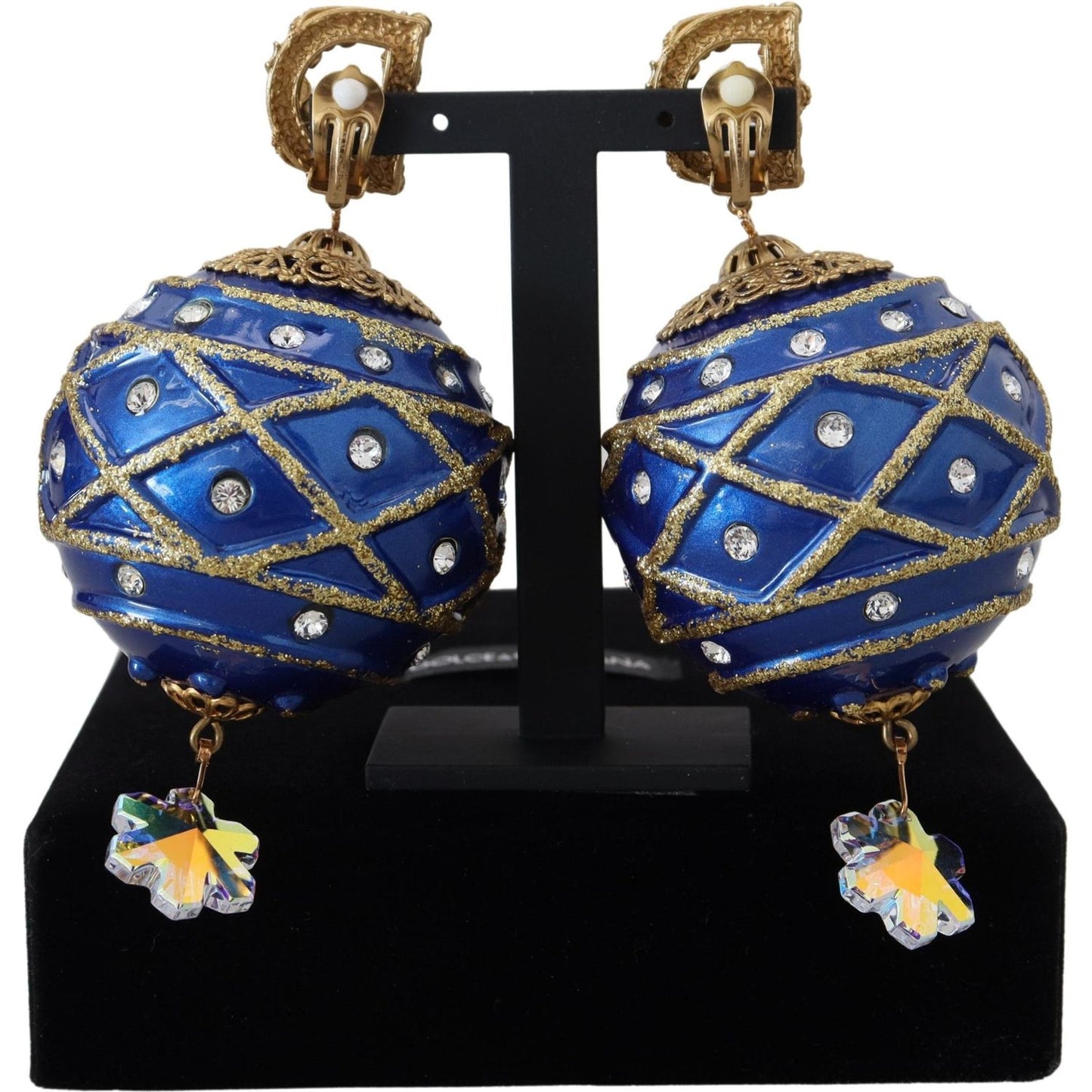 Dolce & Gabbana Gold Brass Blue Dangle Ball Crystal Clip On Earrings Dolce & Gabbana
