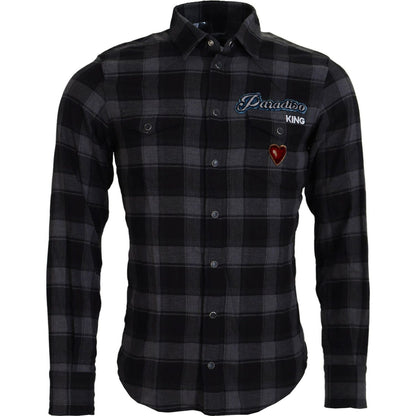 Dolce & Gabbana Black Gray Check Men Long Sleeves Shirt Dolce & Gabbana