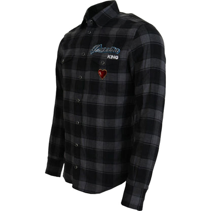 Dolce & Gabbana Black Gray Check Men Long Sleeves Shirt Dolce & Gabbana