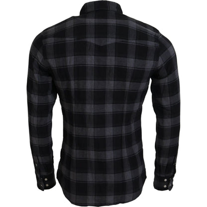 Dolce & Gabbana Black Gray Check Men Long Sleeves Shirt Dolce & Gabbana